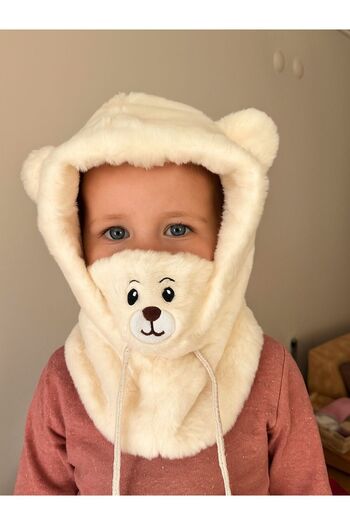 EMKSHOP Soft Plush Beanie Hat with Teddy Bear (Neck Warmer Scarf Hat in One)