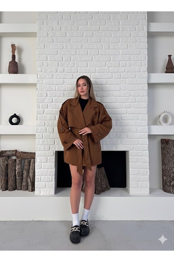 manana fashion Коричневий оверсайз-тренч з поясом на талії