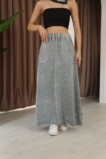 AYASOFYA OTANTIK Women's Gray Button Detailed Elastic Waist Plain Pattern Pocketed Vintage Detail Cotton Knit Skirt