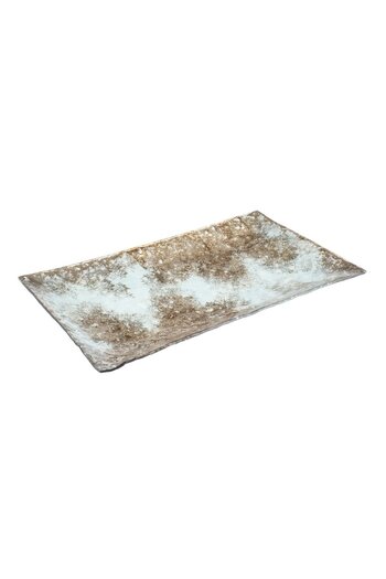 OEM Decorative Christmas Rectangular Glass Plate Silver Beige Glitter 38x23cm