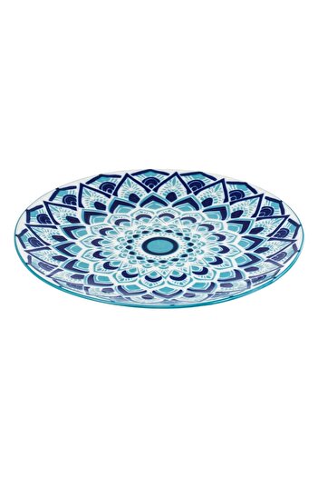 OEM White Porcelain Plate with Aztec Pattern Navy Blue Ø19cm