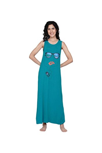 Miss London Printed Super Soft Sleeveless Night Gown Teal Green