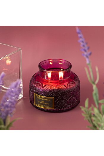 OEM Purple Scented Candle with Two Wicks & Lavender Aroma "Life" in Jar with Black Lid Ø8x9.3cm