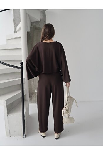Paw Garage Women's Lyra Modal Batwing Sleeve Blouse- Pleated Baggy Pants Set, Top and Bottom Set