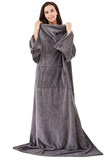 zola Blanket with sleeves, pockets, unisex, soft and comfortable, 180 x 210 cm, grey