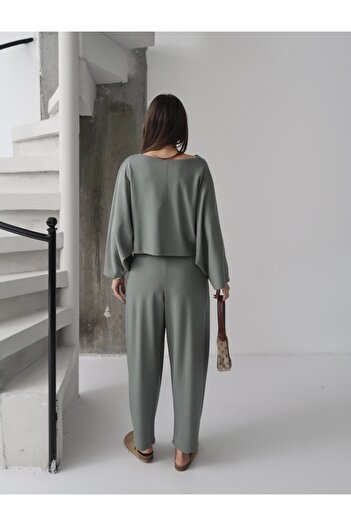 Paw Garage Women's Lyra Modal Batwing Sleeve Blouse- Pleated Baggy Pants Set, Top and Bottom Set