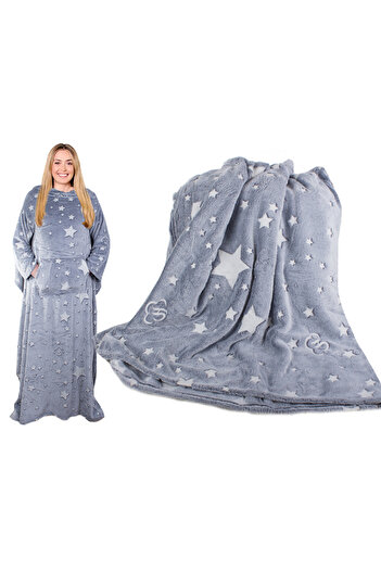 zola Blanket with sleeves, pockets, soft and comfortable, phosphorescent inserts, stars, 190x170x55 cm