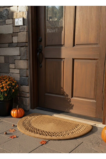 HomeTurko Homeaura Natural Jute Door Mat Half Hand-Knitted Wicker Front Door Bathroom Kitchen Balcony Rug