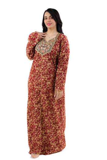 amaan Women's Luxury Long-Sleeve Cotton Jalabiya Gold Embroidered Modest Dress for Festive & Home Wear