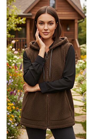 trendlina Zippered Hooded Plush Vest