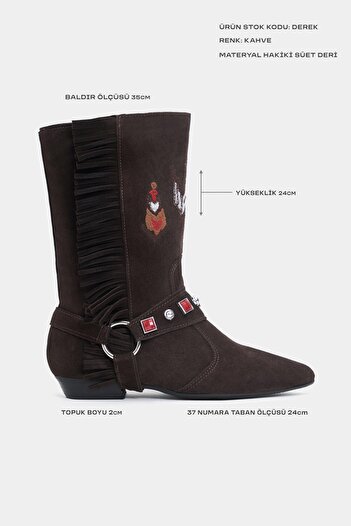 NİŞANTAŞI SHOES Γυναικείες μπότες Derek Brown Suede από γνήσιο δέρμα με κέντημα με λεπτομέρεια φούντας με επίπεδη σόλα