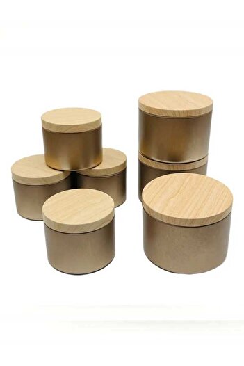 KAVANOZ DESİGN 15Pcs Gold Tinplate Metal Candle Jar Wooden Look Lid, DIY Home Decoration, Storage Bowl