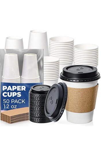 Generic Fit Meal Prep 50 Pack 12 oz Disposable Coffee Cups with Lids, Sleeves, Leak-Proof To Go Coffee Cups