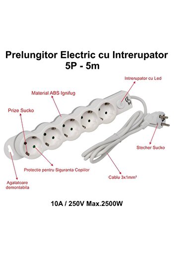 Tim Prelungitor electric 5 prize cu întrerupător – cablu 5 m, protecție pentru copii, 3×1,5 mm