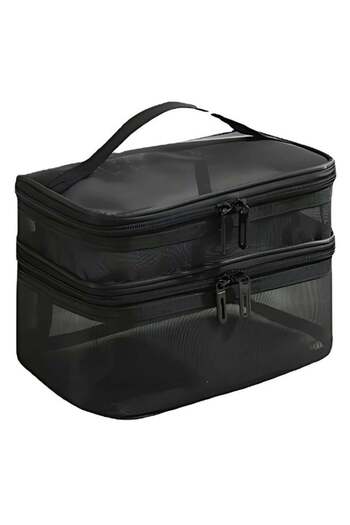 TRENZ Trnz Double Layer Makeup Bag, Large Mesh Cosmetic Bag for Travel with Double Zipper, Vertical Makeup