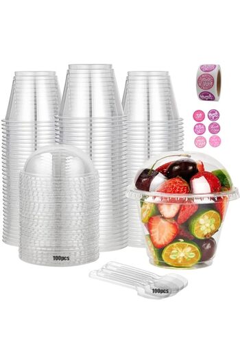 Generic IS MUHE 100 Pack 10 Oz Clear Plastic Dessert Cup with Dome Lid and Spoo，Dessert, Cupcake, Cold Drin