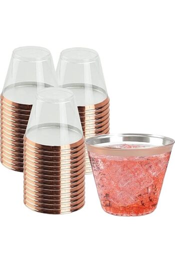 Generic YHRY 25 pcs Rose Gold Plastic Cups, 9Oz Disposable Rose Gold Glitter Plastic Cups, Drinking Clear P