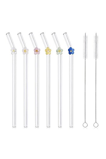 Generic DUMING-IN 6 Pcs Reusable Glass Straws with 2 Cleaning Brushes, Cute Colorful Flower Glass Straw Sha