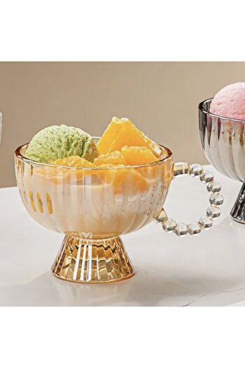 PUFO Set of 2 dessert or ice cream cups, with elegant foot and handle, made of thick glass, premium model