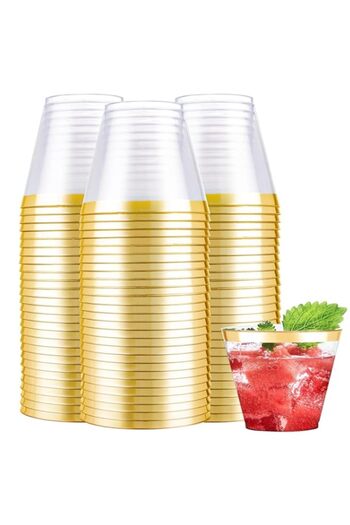 Generic KASTWAVE Disposable Plastic Cups, 50 Pcs Elegant Rose Gold Rimmed Plastic Cups 9oz Clear Plastic Cu