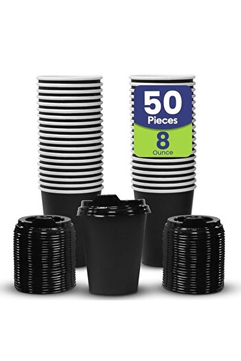Generic SNH Packing 8 oz (Pack of 50) Heavy Duty Disposable Coffee Paper Cup with Lid Black- Single Wall Di