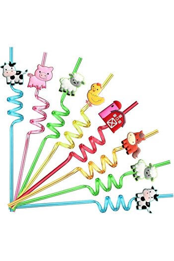 Generic AM ANNA 24 Reusable Farm Animal Plastic Straws Chicken Sheep Horse Cow Pig for Barnyard Farm Birthd