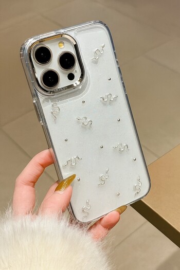 MustCase iPhone 14 Plus - 15 Plus Case Snake Pattern Glitter Transparent Case Silver Camera Protruding Shiny Cover