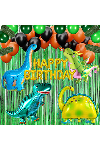 Whimlets Dinosaur party balloon set, 80 latex, 4 foil, leaves, "Happy Birthday" message