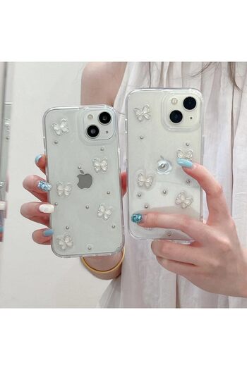 MustCase iPhone 15 Case Butterfly Pattern Glitter Transparent Case Silver Camera Protruding Shiny Cover