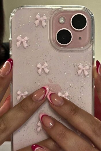 MustCase iPhone 14 Plus - 15 Plus Case Pink Bow Pattern Glitter Transparent Case Silver Camera Protruding Cover