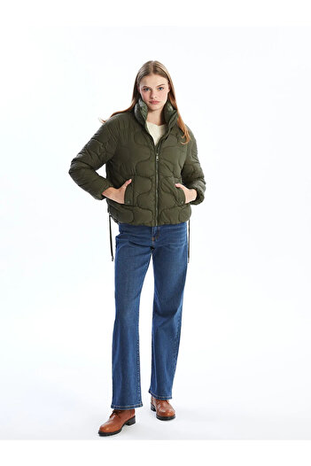 LC Waikiki Lcw Vision Khaki Stand Collar Self Pattern Women's Puffer Coat