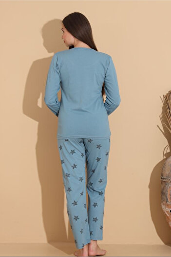 embody Set de pijama confortabil din bumbac pentru femei, cu bluză și pantaloni lungi, albastru 1001