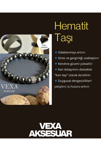 Vexa Aksesuar Hematite Stress Balance and Dizziness Unisex Natural Bracelet - with Box Gift