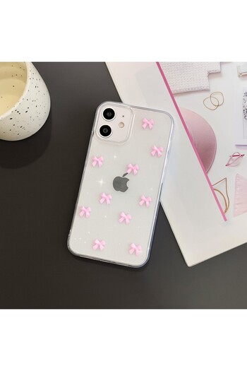 MustCase iPhone 11 Case Pink Bow Pattern Glitter Transparent Case Silver Camera Protruding Shiny Cover