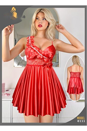 Nice Model Pleated Satin Babydoll Nightgown Women Lace Detail Short Chemise Rose Embellishment Sleepwear