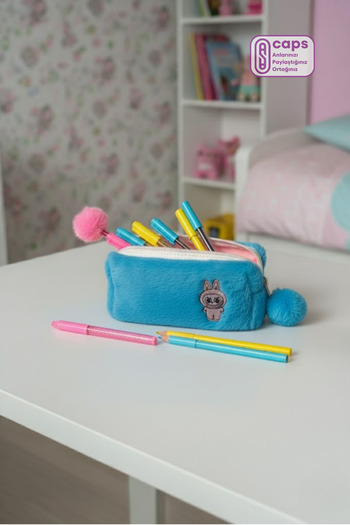 caps office Labubu Embroidered Large Plush Pencil Case – Single Compartment, Zippered, Fluffy Pen Holder