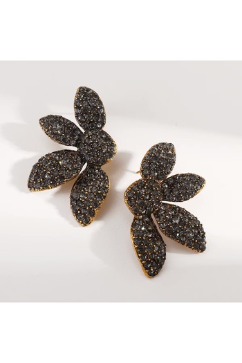Twinssis Accessories Antique Detailed Black Stone Half Flower Brand Earrings Zr