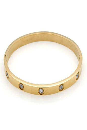 THK Gold Bangle Bracelet 6mm, THK, Zirconia Stones, Stainless Steel, 19 cm, 18K Gold Plated, Unisex
