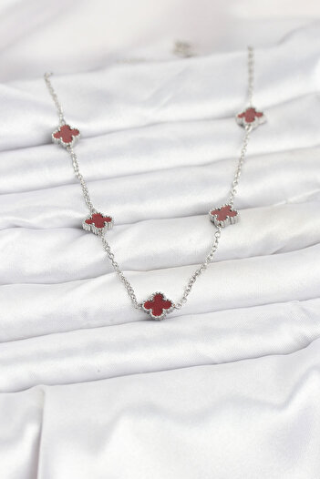 P Parla 316L Steel Chain Silver Color Burgundy Baby Boy Clover Women's Necklace - Lisinya