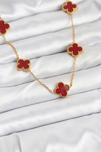 P Parla 316L Steel Gold Color Chain Claret Red Clover Women's Necklace - Lisinya