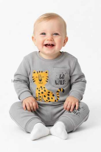 Mamman's Tiger Printed, Long Sleeve Cotton 2-Piece Winter Baby Boy Set, 2 Thread Count, Ribbed