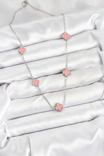 P Parla 316L Steel Chain Silver Color Pink Baby Boy Clover Women's Necklace - Lisinya