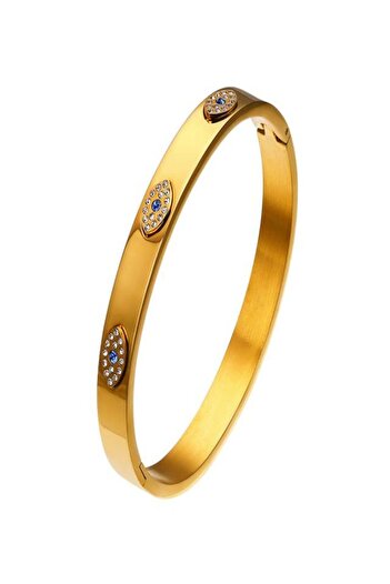 THK Bangle Bracelet 6mm, THK, Zirconia Stones, Stainless Steel, 19 cm, 18K Gold, Unisex, Golden Eyes