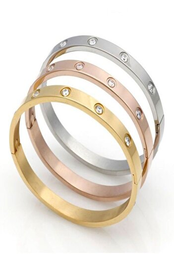 THK Set of 3 Bangle Bracelets, 6mm, THK, Zirconia Stones, Stainless Steel, 19 cm, 18K Gold Plated Unisex