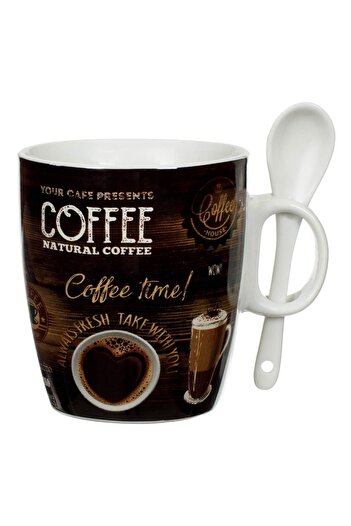 Vervo.ro pentru minți curioase Set of Coffee Mugs with Spoon, Porcelain, Chocolate, 220 ml, 7.5×8.5 cm