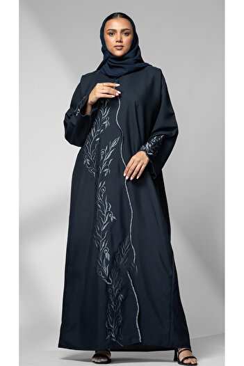 outline Navy blue abaya with elegant embroidery in Raghda fabric