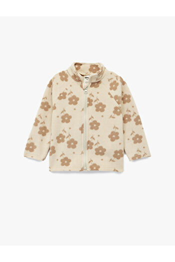 Koton High Neck Long Sleeve Zippered Floral Fleece Sweatshirt