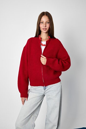 SHERIN Red Zippered Knitwear Cardigan