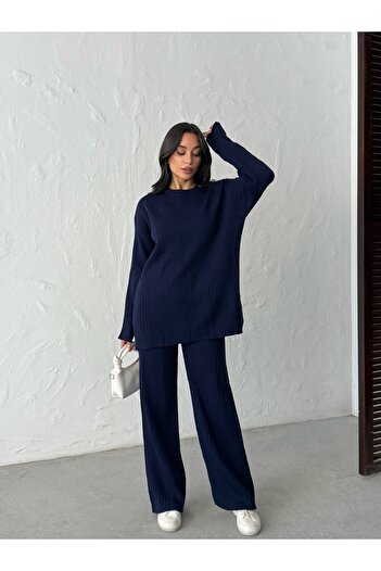 BEJNA Women's Crew Neck Ribbed Top and Bottom Knitwear Set