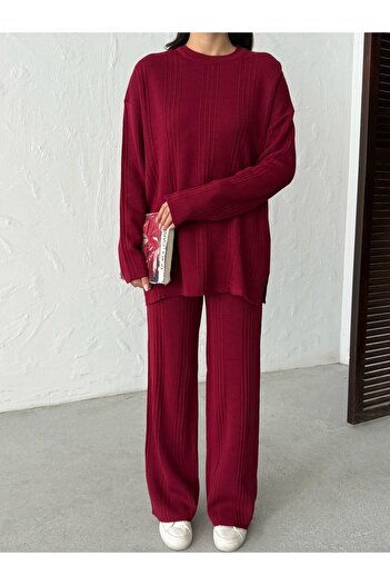 BEJNA Women's Crew Neck Ribbed Top and Bottom Knitwear Set